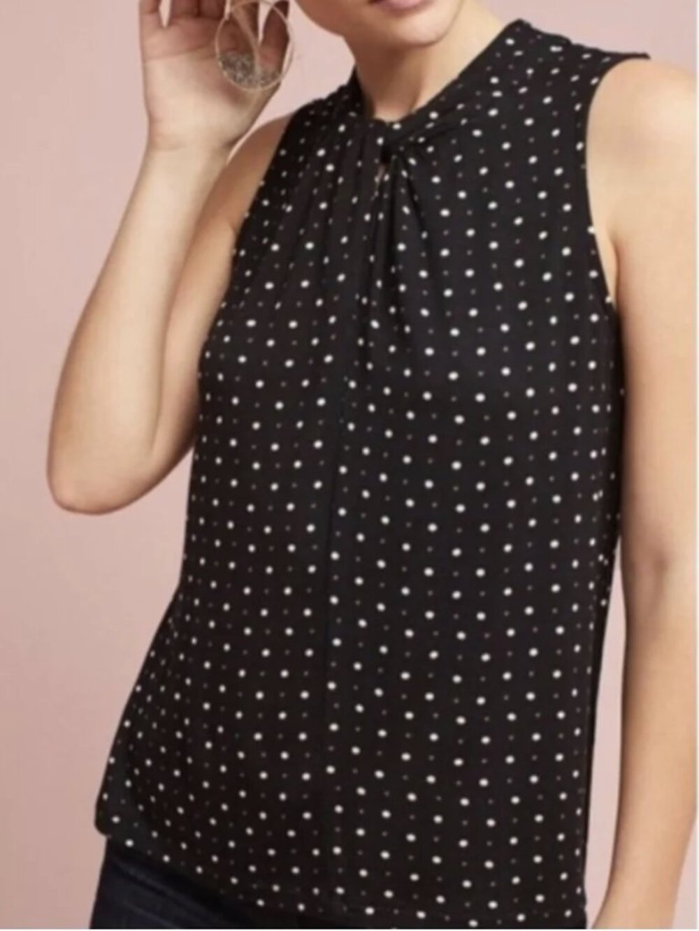 Anthro Vanessa Virginia Sleeveless Black Polka Dot Twisted High Neck Top Size M
